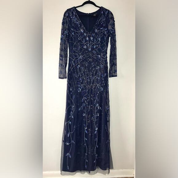 Aidan Mattox Sequined Beaded Long Sleeve Gown Navy Size 10 - Picture 9 of 15